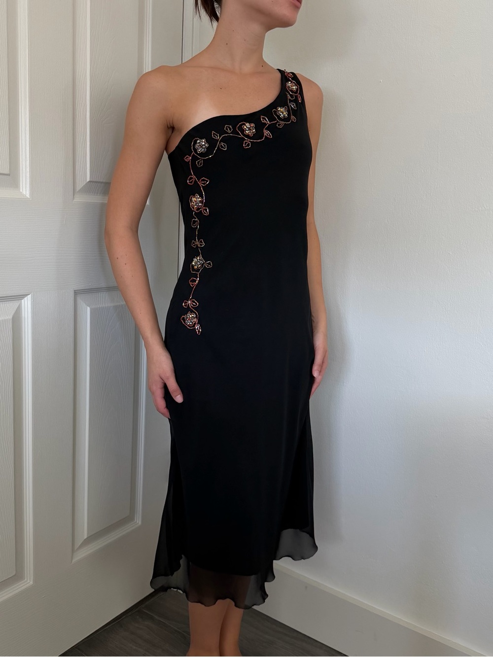 Vintage Black One-Shoulder Floral Embellished Dress